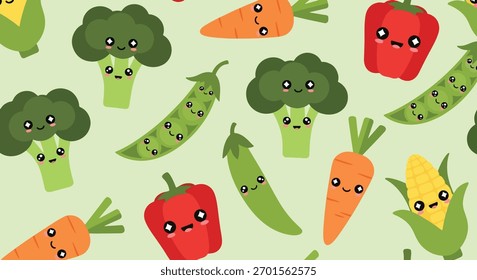 Flat vector seamless pattern of smiling vegetables like carrot, broccoli, and corn. Solid soft tones, no gradients, kawaii organic design, ideal for packaging and food branding