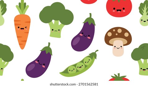 Flat vector seamless pattern of smiling vegetables like carrot, broccoli, and corn. Solid soft tones, no gradients, kawaii organic design, ideal for packaging and food branding