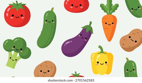 Flat vector seamless pattern of smiling vegetables like carrot, broccoli, and corn. Solid soft tones, no gradients, kawaii organic design, ideal for packaging and food branding