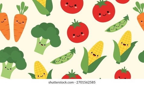 Flat vector seamless pattern of smiling vegetables like carrot, broccoli, and corn. Solid soft tones, no gradients, kawaii organic design, ideal for packaging and food branding