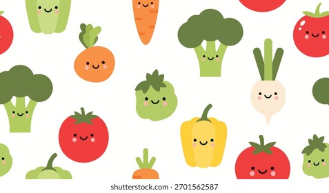 Flat vector seamless pattern of smiling vegetables like carrot, broccoli, and corn. Solid soft tones, no gradients, kawaii organic design, ideal for packaging and food branding
