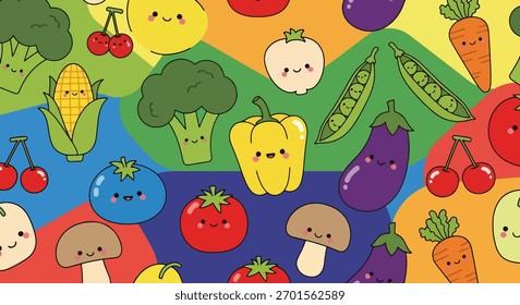 Flat vector seamless pattern of smiling vegetables like carrot, broccoli, and corn. Solid soft tones, no gradients, kawaii organic design, ideal for packaging and food branding
