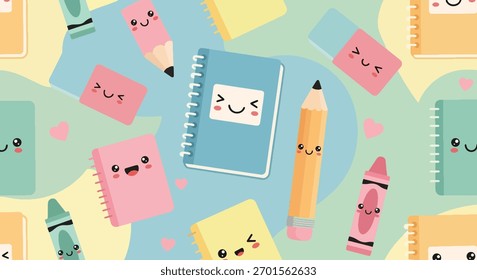 Padrão plano vetor sem emenda de lápis sorridente, cadernos, lápis de cera e borrachas. Cores pastel sólidas, tema kawaii, sem gradientes, perfeito para papelaria e marca infantil