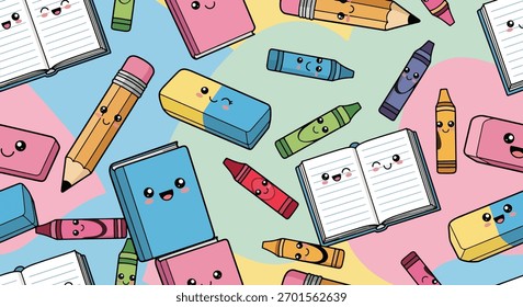 Flat vector seamless pattern of smiling pencils, notebooks, crayons, and erasers. Solid pastel colors, kawaii theme, no gradients, perfect for stationery and children’s branding