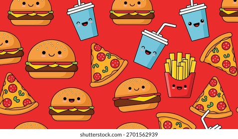 Padrão plano vetor sem emenda de hambúrgueres sorridentes, batatas fritas, pizza e copos de refrigerante. Tons brilhantes sólidos, estilo de desenho animado kawaii, sem gradientes, perfeito para embalagens e impressões de t-shirt
