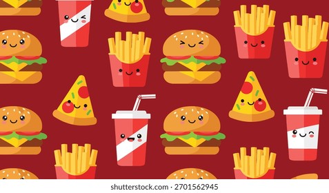 Padrão plano vetor sem emenda de hambúrgueres sorridentes, batatas fritas, pizza e copos de refrigerante. Tons brilhantes sólidos, estilo de desenho animado kawaii, sem gradientes, perfeito para embalagens e impressões de t-shirt