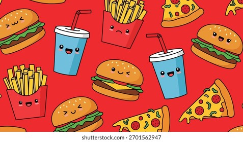 Padrão plano vetor sem emenda de hambúrgueres sorridentes, batatas fritas, pizza e copos de refrigerante. Tons brilhantes sólidos, estilo de desenho animado kawaii, sem gradientes, perfeito para embalagens e impressões de t-shirt