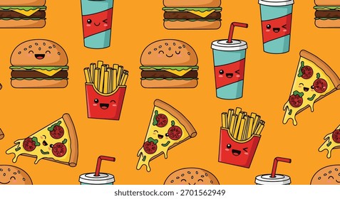 Flat vector seamless pattern of smiling burgers, fries, pizza, and soda cups. Solid bright tones, kawaii cartoon style, no gradients, perfect for packaging and t-shirt prints
