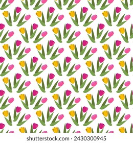Flat vector seamless pattern with spring flowers tulip.