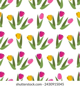 Flat vector seamless pattern with spring flowers tulip.