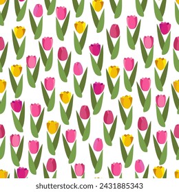 Flat vector seamless pattern with spring flowers tulip. Creative print, wallpaper design, floral wrapping paper, textile drawing.