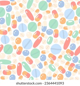 Flat vector seamless pattern of tablets and pills. Isolated design on a white background.