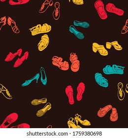 Flat vector seamless pattern with various woman shoes on the dark background. Saturated colours.