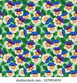 flat vector seamless pattern with viola tricolor flowers and green leaves
