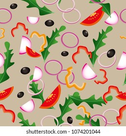 flat vector seamless salad pattern with paprika tomatoes onion olives and rocket leaves
