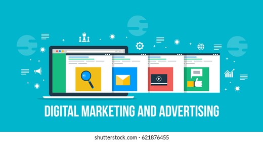 Flat vector for search engine optimization, email marketing, video and social media advertising on blue background