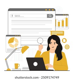 Pesquisa de vetor plano na ilustração de conceito de gerente de SEO da internet
