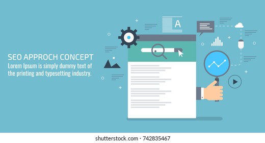 Flat vector for Seo approach, Seo content, marketing, strategy banner illustration with icons