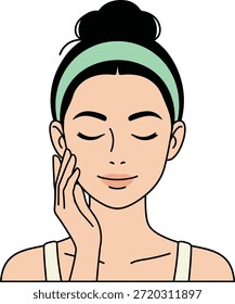 Vetor plano de uma mulher serena realizando uma rotina de cuidados faciais, ideal para marca de spa, marketing de bem-estar, embalagem cosmética e conteúdo de blog de beleza.
