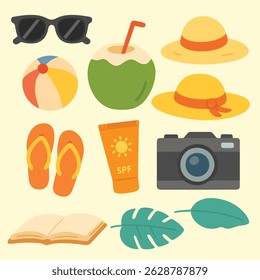 Flat vector set of 10 tropical summer beach essentials. Includes sunglasses, ice cream, coconut drink, camera, and more.