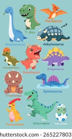 Conjunto de vetor plano de 12 bonitos dinossauros desenhos animados - T-Rex, Brontossauro, Tricerátops, Stegosaurus e muito mais. Design simplificado, para crianças, de 3 cores em plano de fundo branco para adesivos e impressões