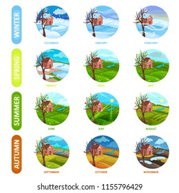 Flat vector set of 12 months of the year. Winter, spring, summer and autumn season. Nature landscape. Elements for calendar or mobile app