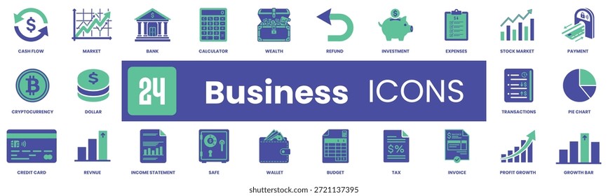 Conjunto de Vector plano de 24 iconos de negocios y finanzas en azul y verde con flujo de efectivo, impuestos y ganancias