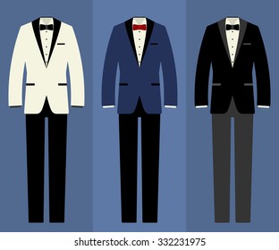 Conjunto de vector plano con 3 variaciones de color del esmoquin de boda. Elementos gráficos para el diseño de la tarjeta de invitación al matrimonio. Ropa para caballeros, camareros o novios: chaqueta de cena, pantalones, camisa, corbata de arco.