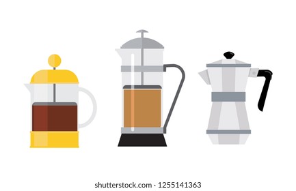 Flat vector set of 3 different coffee makers. Tasty drink. Hot beverage. Elements for promo poster or banner