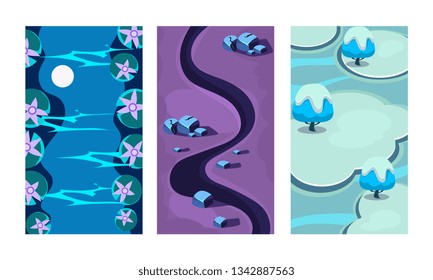 Flat vector set of 3 vertical backgrounds for online mobile game. Cartoon scenes with blue river, dark path and ice islands