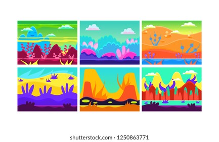 Flat vector set of 6 colorful horizontal landscapes for mobile game. Fantasy world. Cartoon seamless backgrounds.