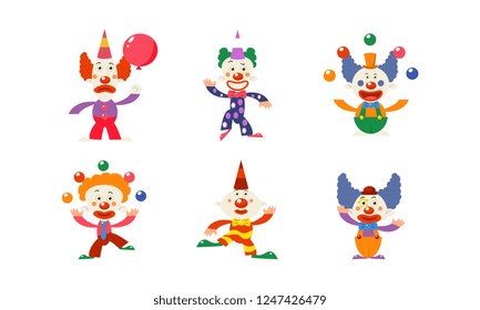 Flat vector set of 6 funny clowns in different actions. Circus artists with colorful wigs and makeup on faces