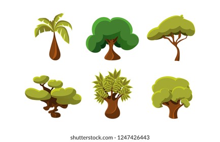 Flat vector set of 6 green trees. Objects of tropical forests. Natural landscape elements for mobile or computer game