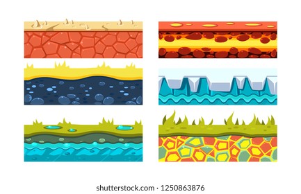 Flat vector set of 6 platforms for mobile game. Blocks with dry soil, lava, green grass, ice and water. Gaming assets.