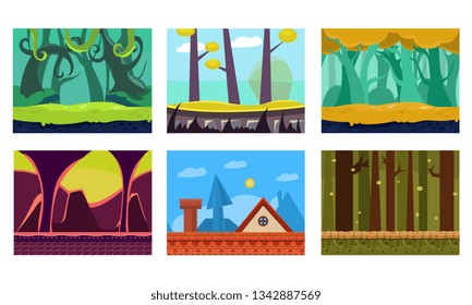 Flat vector set of 6 scenes for mobile game. Cartoon backgrounds with green jungles, house roof, fantastic forest and dungeon