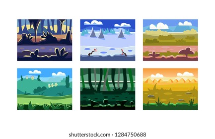 Flat vector set of 6 seamless backgrounds for computer and mobile game. Cartoon natural landscapes