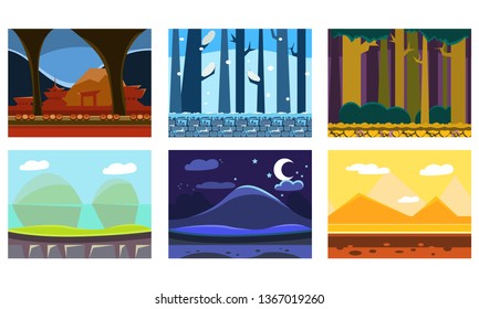 Flat vector set of 6 seamless backgrounds for video game. Forests, mountains, desert with pyramids. Cartoon landscapes