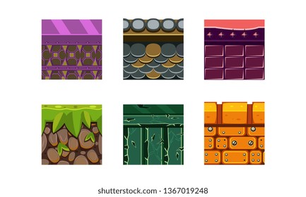 Flat vector set of 6 texture types and materials for platform game. Dry soil with grass, bricks and stones. Gaming assets