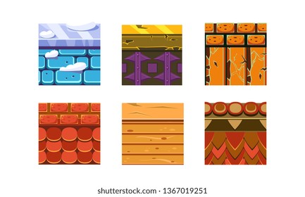 Flat vector set of 6 texture types for platform games. Bricks, stones and wood. Seamless patterns. Gaming assets