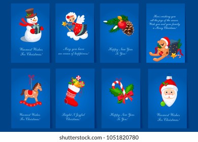Flat vector set of 8 colorful holiday cards. Blue postcards for Merry Christmas and New Year with snowman, bear with gift box angel, decorative toys, socks with sweets