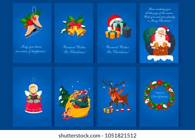 Flat vector set of 8 greeting cards for Christmas and New Year. Postcards with congratulations, bells, gifts, Santa Claus in chimney, deer, toy angel, skates, bag with presents