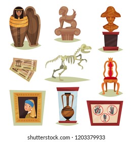 Flat vector set of 9 different museum objects. Ancient exhibits, tickets, prohibition signs