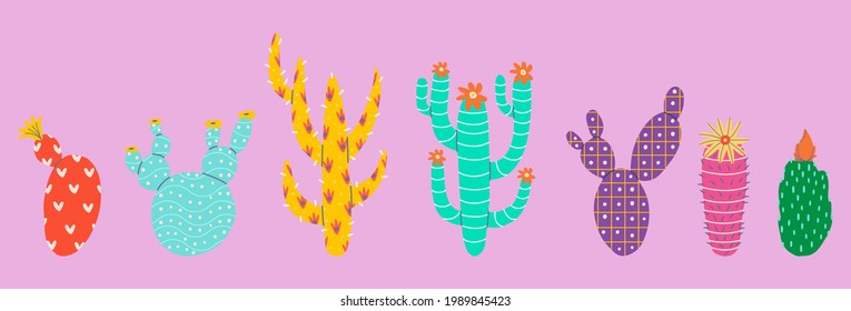 Flat vector set of abstract decorative cacti with a pattern. Cartoon style. Each element is isolated.