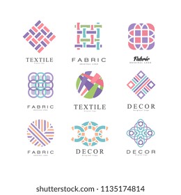 Flat vector set of abstract logos for fabric, textile and decor store. Original emblems of different shapes with place for text