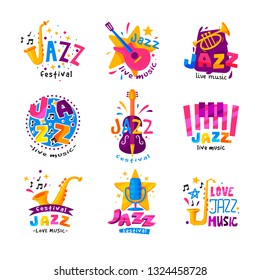 Flat vector set of abstract logos for jazz festival. Bright creative emblems with musical instruments and colorful text