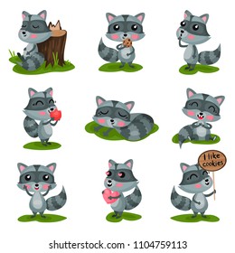 Flat vector set with adorable raccoon in different situations. Wild forest animal with shiny eyes, pink cheeks and striped tail