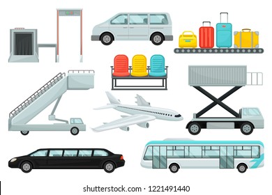 Flat vector set of airport elements. Transport, boarding stairs, carousel with suitcases, chairs, airplane and security system