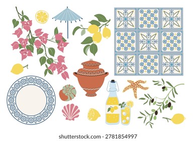A flat vector set of Amalfi coast inspired elements. Includes lemon half, lemon branch, limoncello bottle, ceramic plate, decorative tile, bougainvillea, olive branch, terracotta pot, and seashell