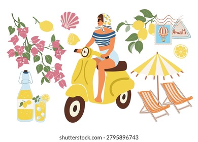 A flat vector set of Amalfi Coast essentials. Includes girl on scooter, limoncello bottle, striped beach loungers with umbrella, bougainvillea branch, lemon branch, seashell, and Amalfi postage stamp.