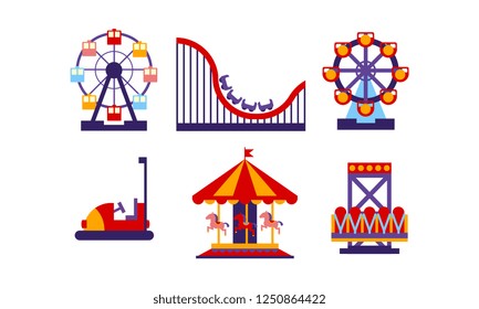 Flat vector set of amusement park elements. Funfair attractions and carousels. Entertainment theme